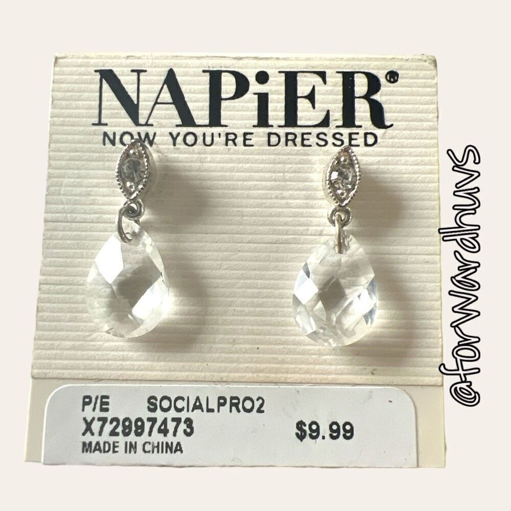 Elegant Silver Tone Napier Earrings with Faceted Crystal Dangle NWT